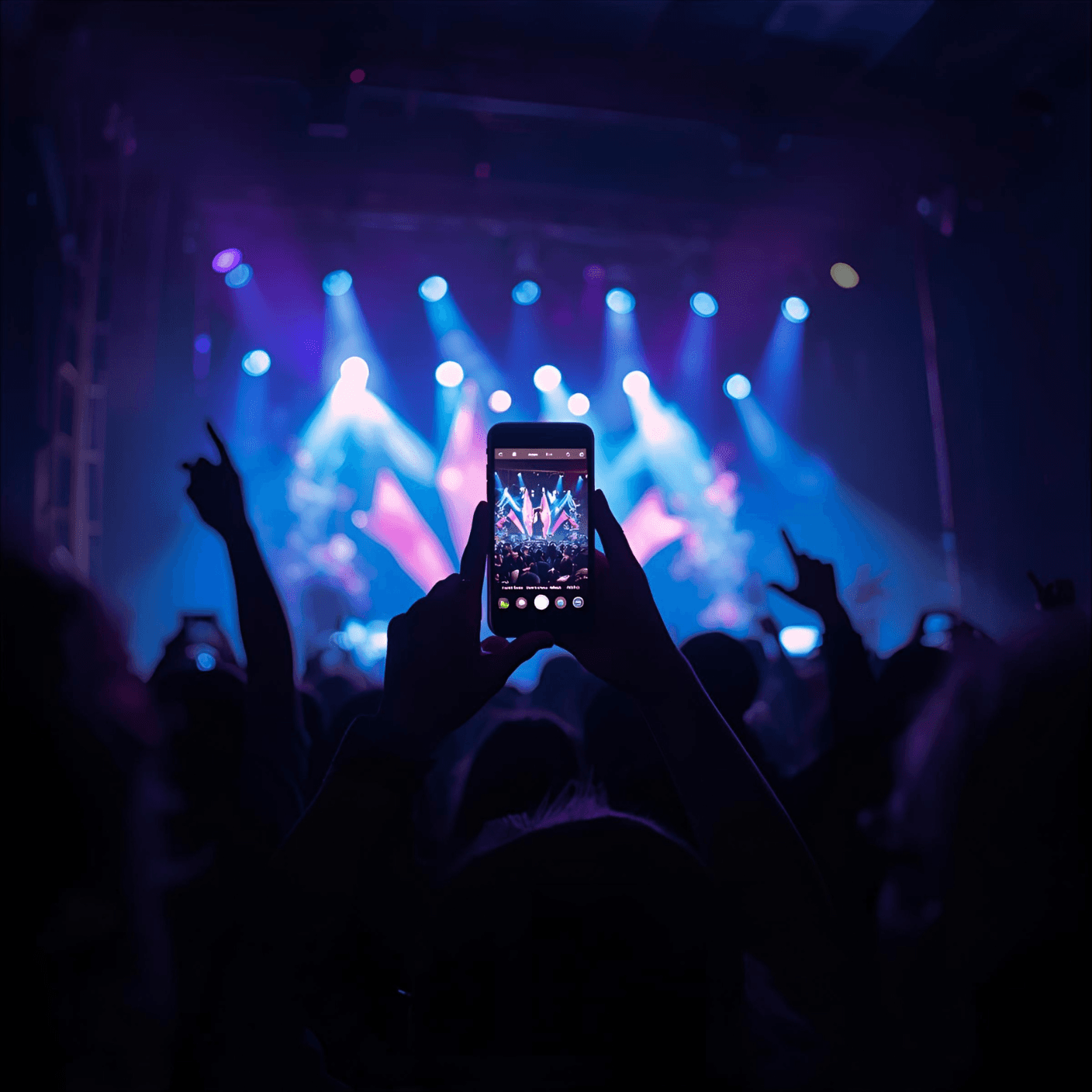 Concert audience silhouettes with raised arms, one person holding up a smartphone to record the performance. Stage visible in background with blue and purple spotlights creating dramatic beams through fog. The phone screen shows the concert being filmed, creating a frame within the frame effect.