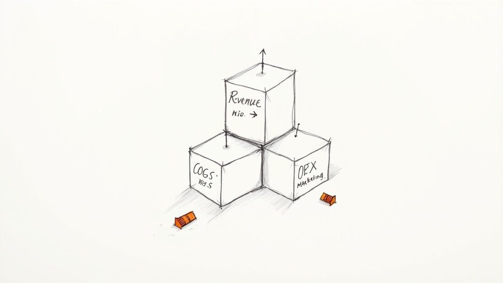 Three stacked blocks labeled Revenue, COGS, and OPEX, illustrating financial flow.