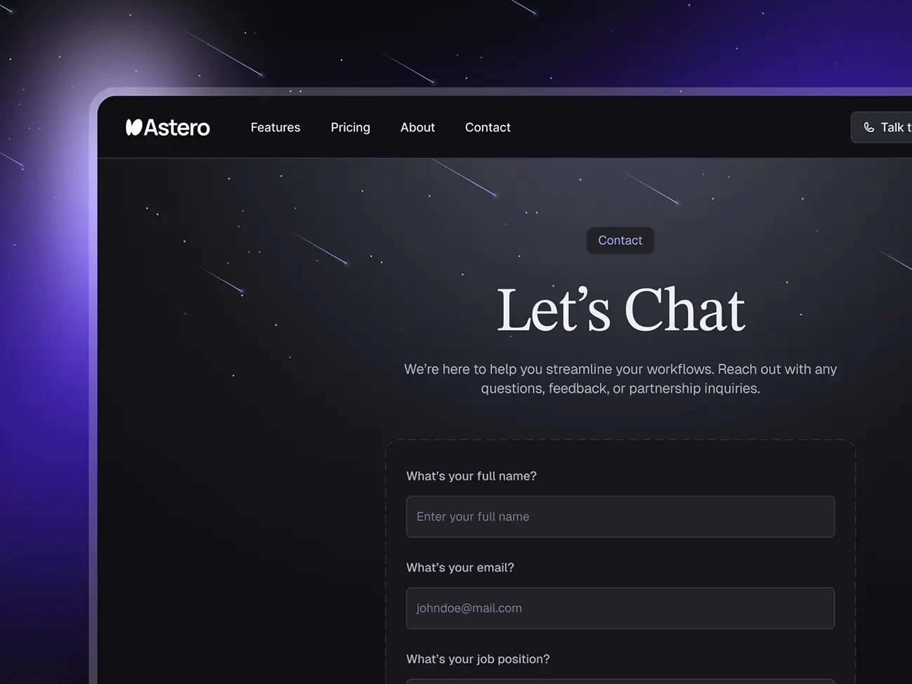 Astero contact page preview