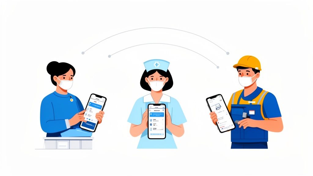 Three masked professionals (office worker, nurse, construction worker) holding smartphones, connected digitally.