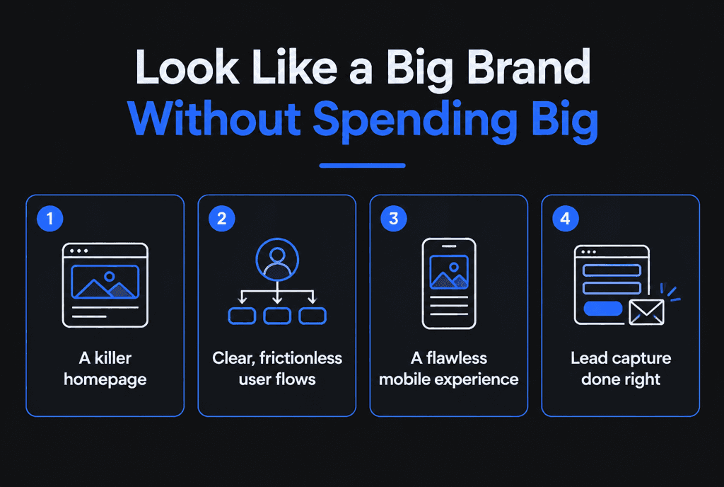 Infographic showing how small businesses can look like a big brand: consistent design system, clear messaging, quality photography and fast pages