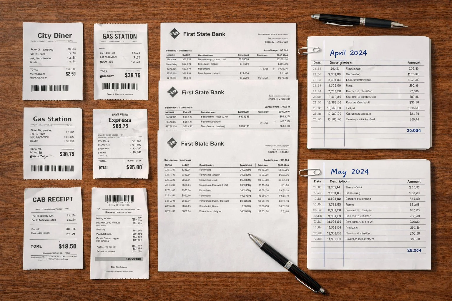 Flat lay of receipts, bank statements, and financial logs neatly organized by date.