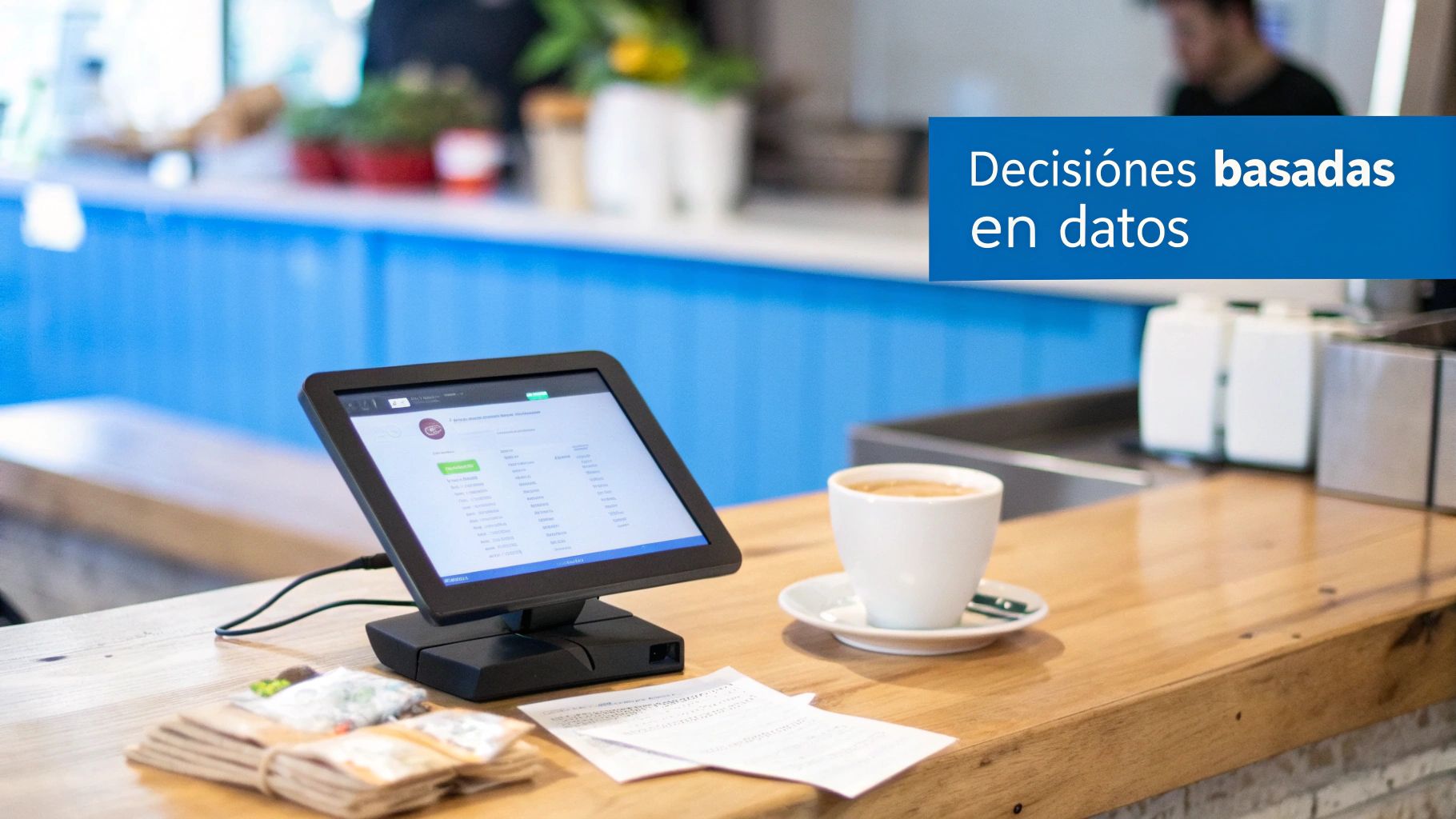Un sistema POS de tableta en un mostrador de cafetería con café y documentos, destacando decisiones basadas en datos.