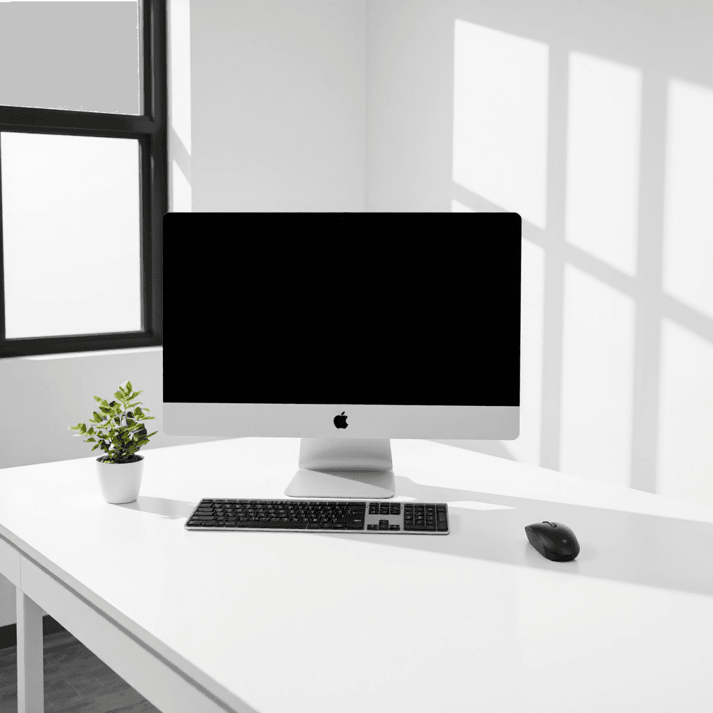 product photography of all-in-one desktop computer with keyboard and mouse
