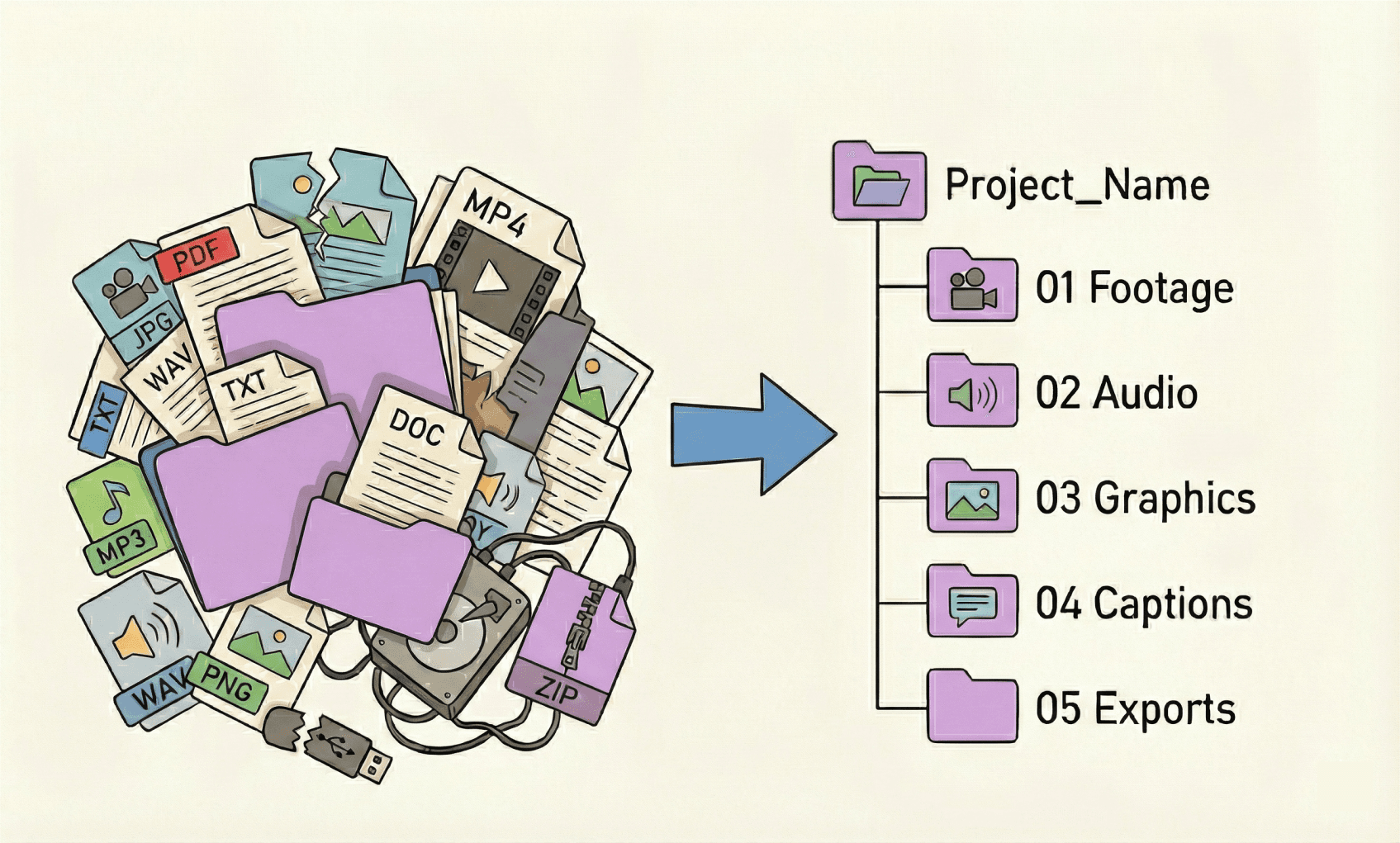 Illustrated workflow showing messy project files organized into labeled folders for footage, audio, graphics, captions, and exports.