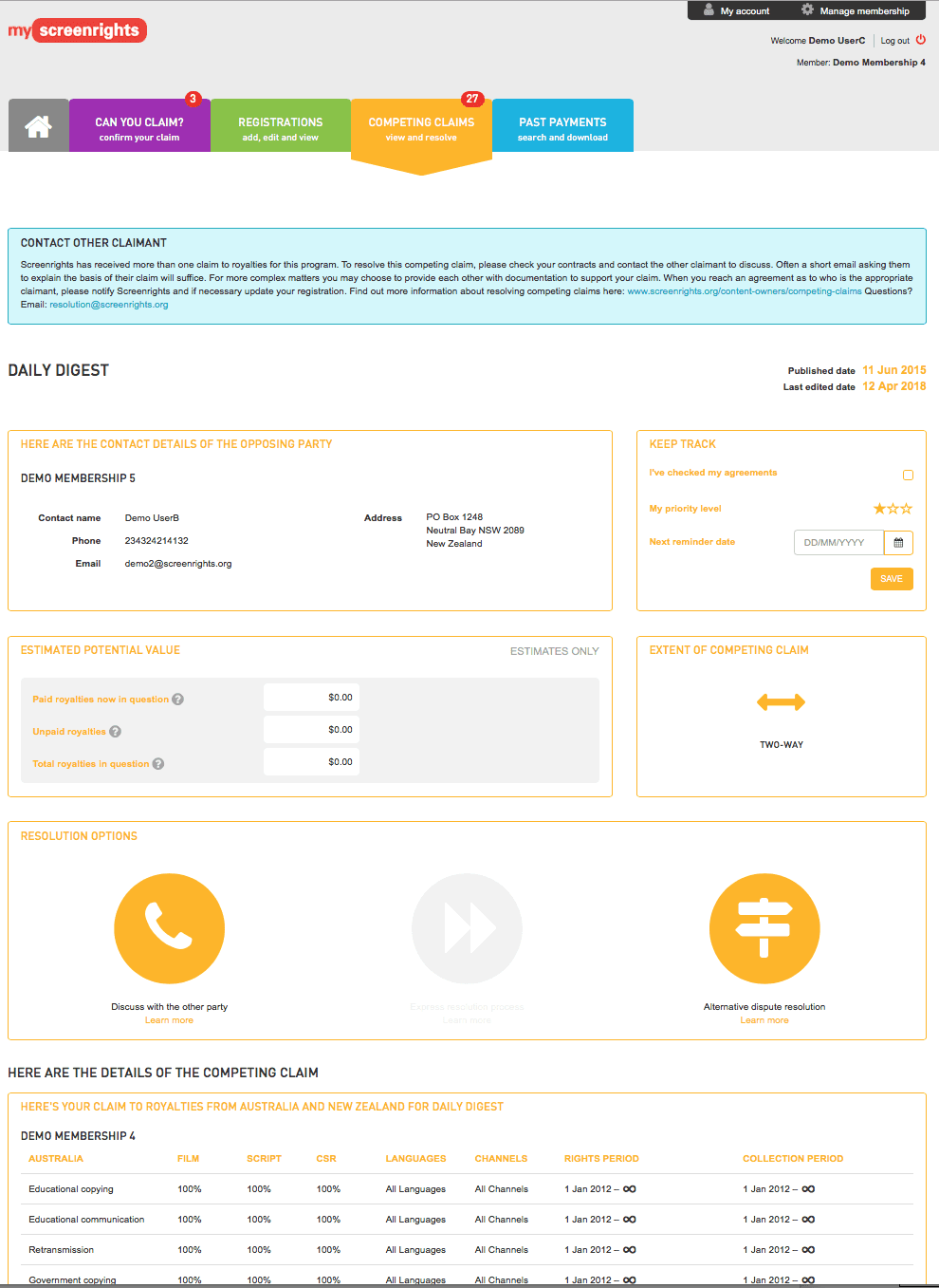 Screenshot of portal showing account details