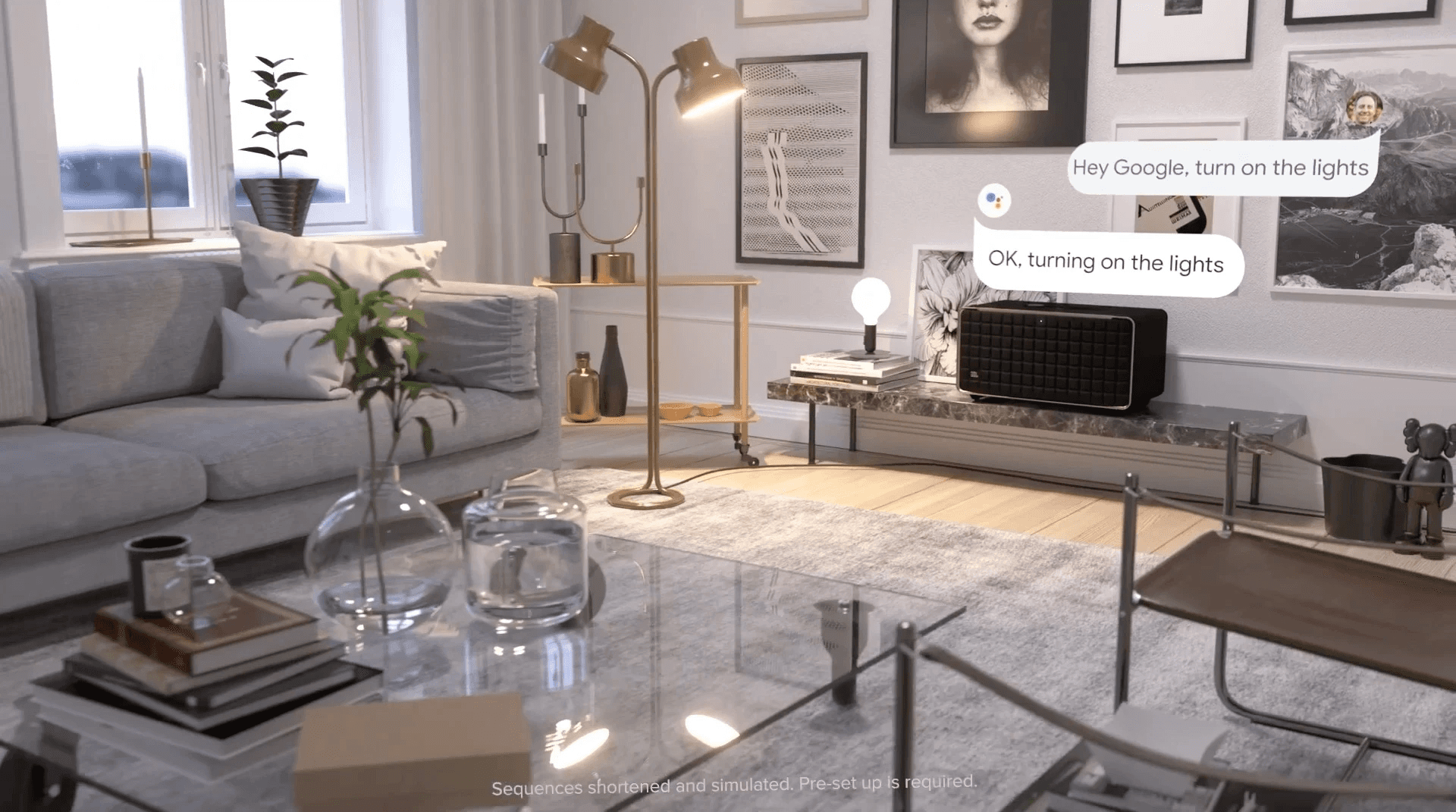 Asking Google Assistant to turn on the lights, in the living room.