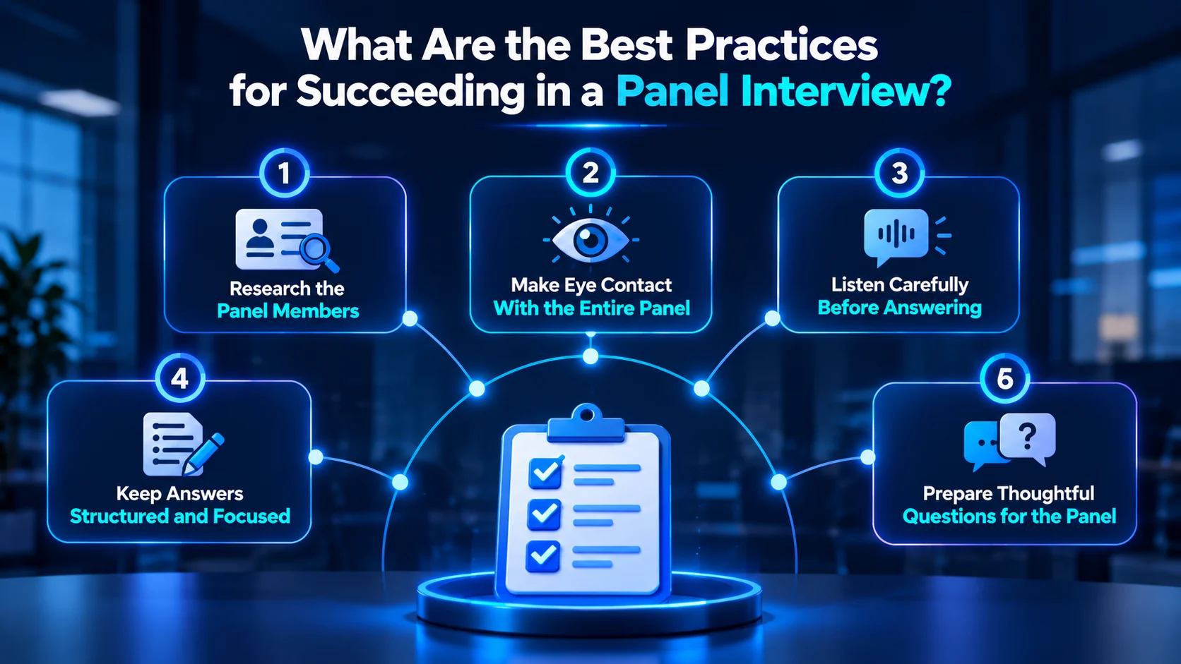 Panel interview best practices infographic with six key tips.