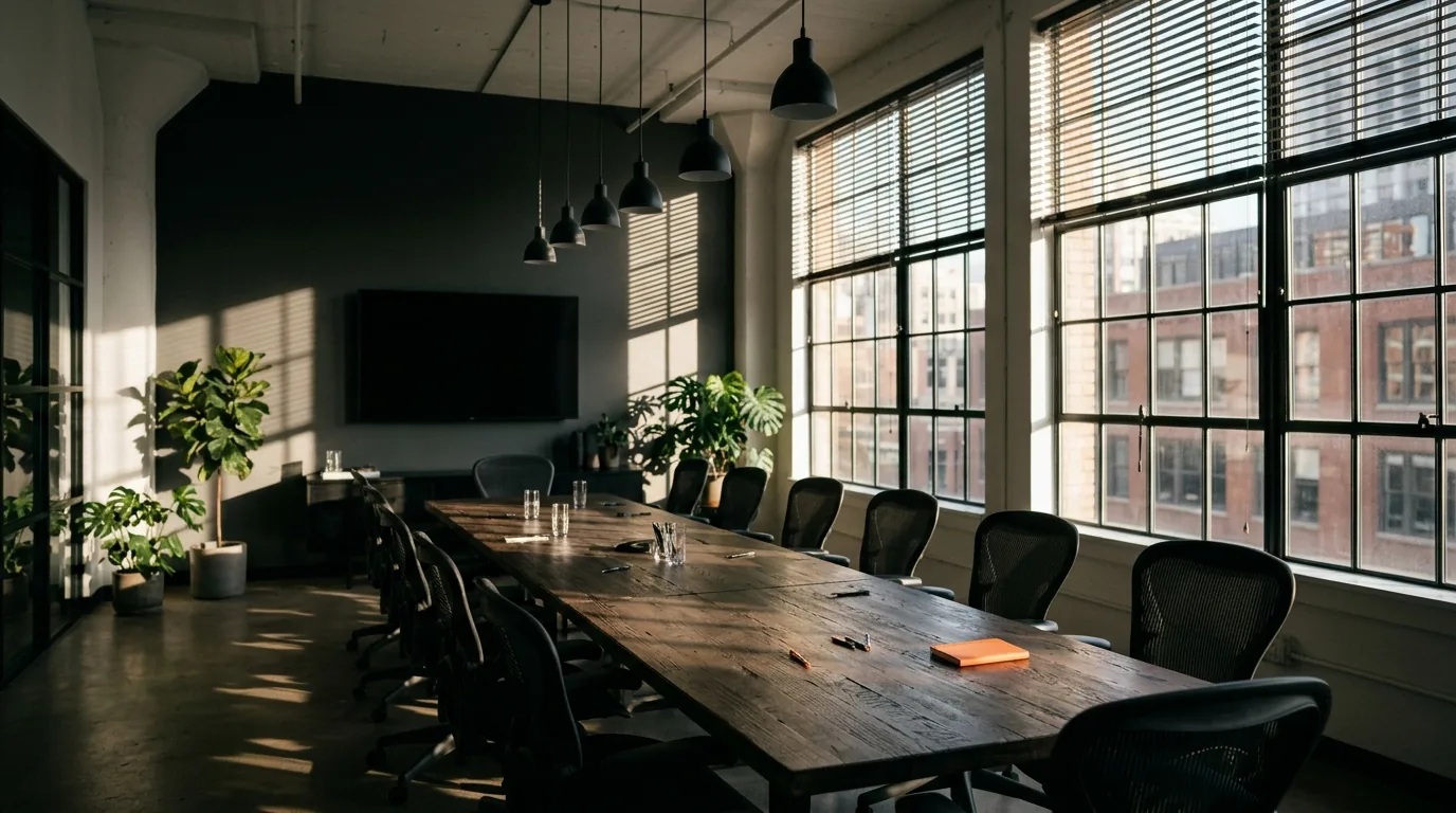 Empty boardroom with afternoon light across the table