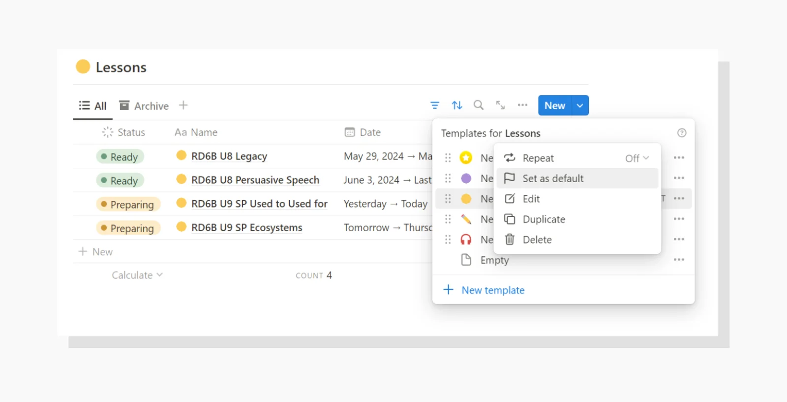 "Set as Default" Template Demonstration in notion