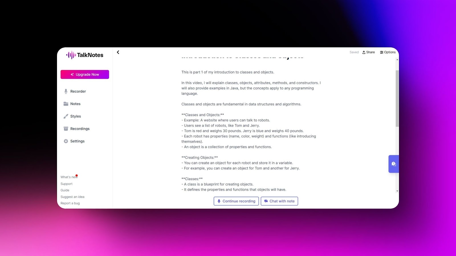 Screenshot of TalkNotes AI transcribing a lecture on object-oriented programming, explaining classes, objects, and constructors.