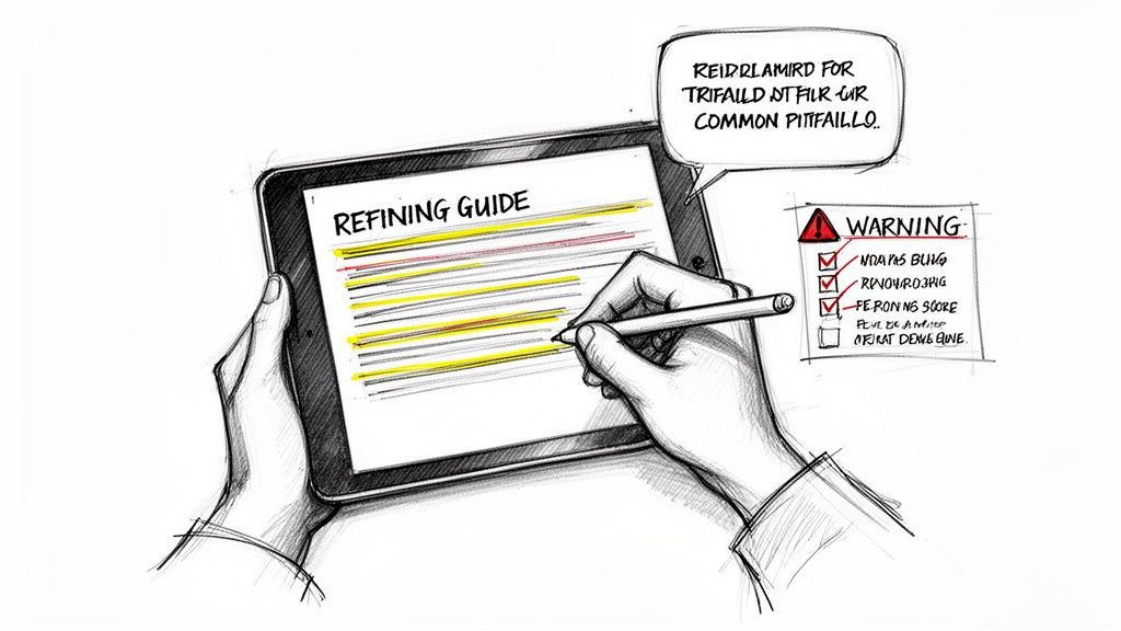 Hands hold a tablet displaying a 'Refining Guide,' with a stylus highlighting text, next to a warning checklist.