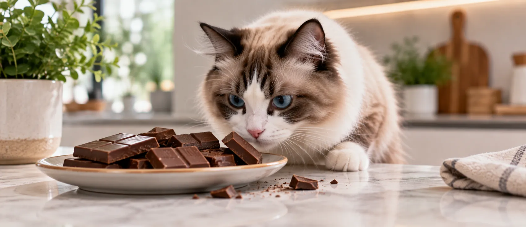 Ragdoll cat sniffing a plate of chocolate chunks on a kitchen counter.