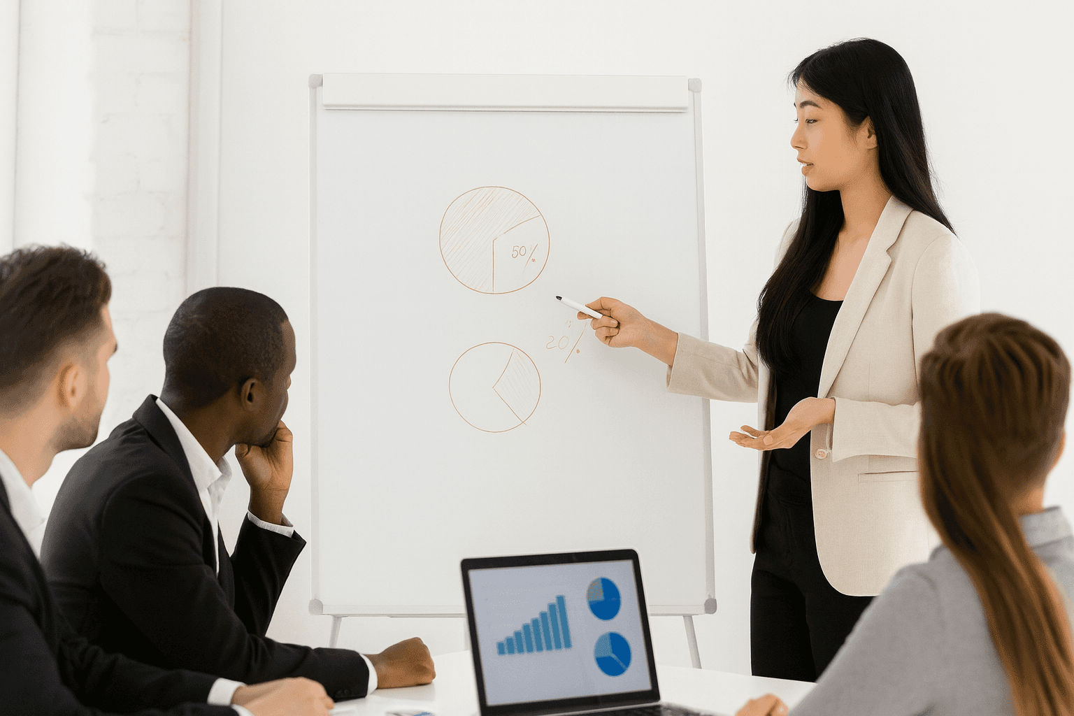 Une femme présentant des graphiques sur un tableau blanc à un groupe de professionnels, symbolisant les stratégies de tarification et de promotion pour atteindre les objectifs commerciaux.