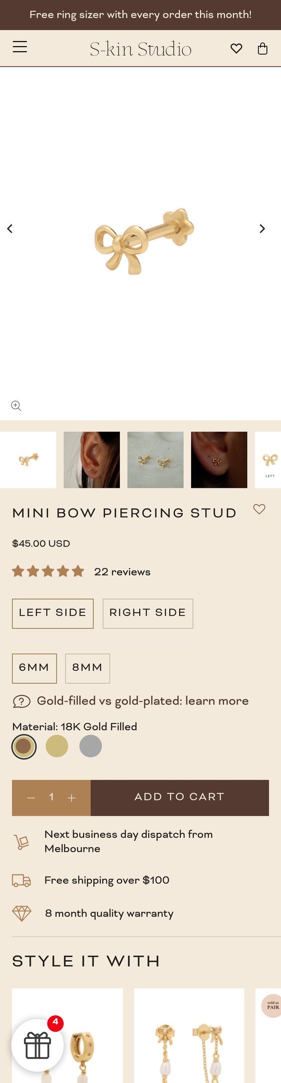 Jewelry product options include: earring for Mini Bow Piercing Stud (18K Gold Filled) | Internally Threaded Earring from S-kin Studio Jewelry.