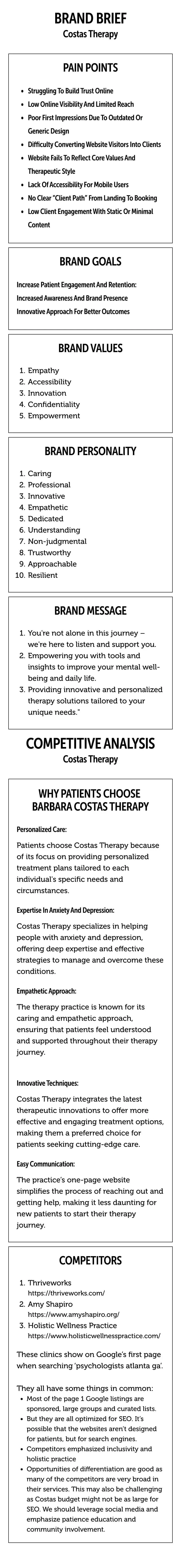 A list of text describing a customer avatar and attributes on a white background