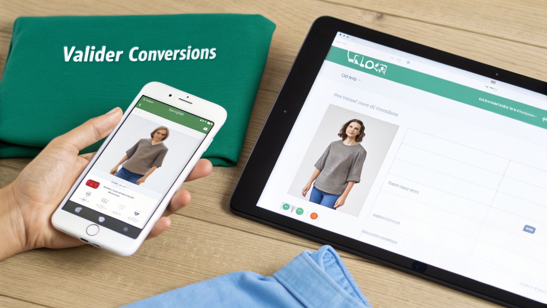 Une main tient un smartphone et une tablette affichant des articles de mode, sur fond de tissu vert et bleu.