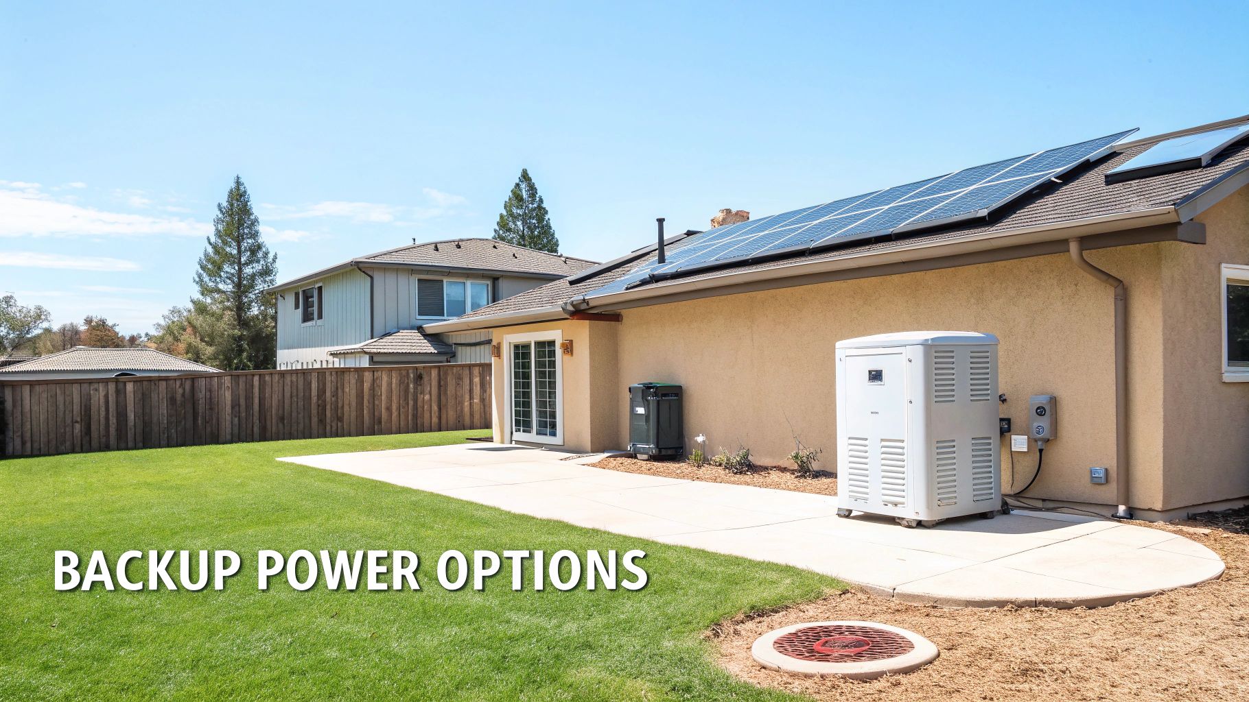 A residential home with rooftop solar panels, a large white standby generator, and a black battery unit on a patio.