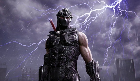 Screenshot Ninja Gaiden 4 – ninja masqué en armure noire sous un ciel orageux avec éclairs, ambiance dramatique sur KeyVerse Gaming