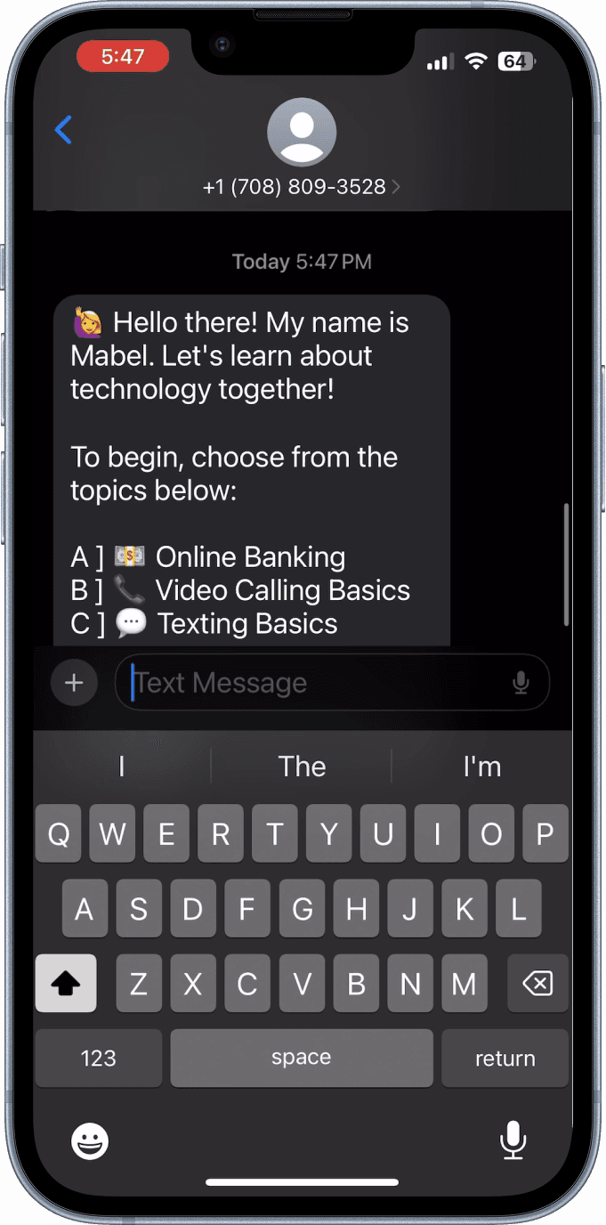 A welcome SMS from Ask Mabel on a mobile phone asking the user to choose from some topics to begin their lesson