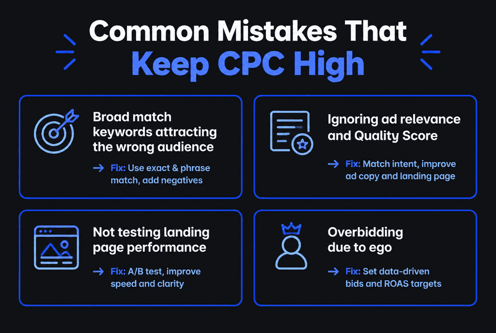 Infographic of mistakes that keep Google Ads CPC high: broad match, ignoring Quality Score, untested landing pages and overbidding