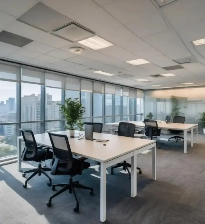 Modern open office furniture installation with white desks, and city view through large windows.