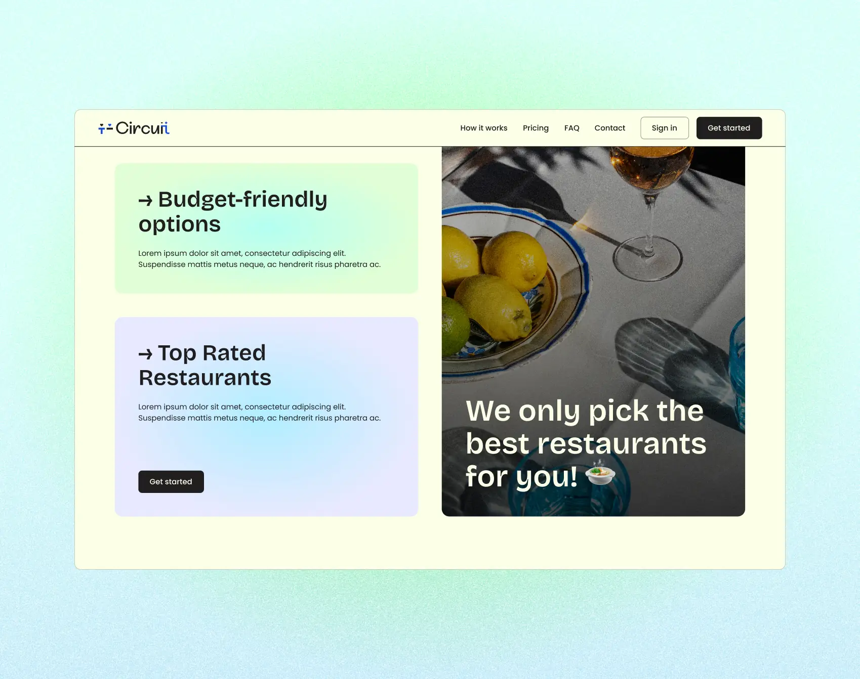 Mockup of the website section showing cards explaining the concept of Circuit parternering with restaurants.