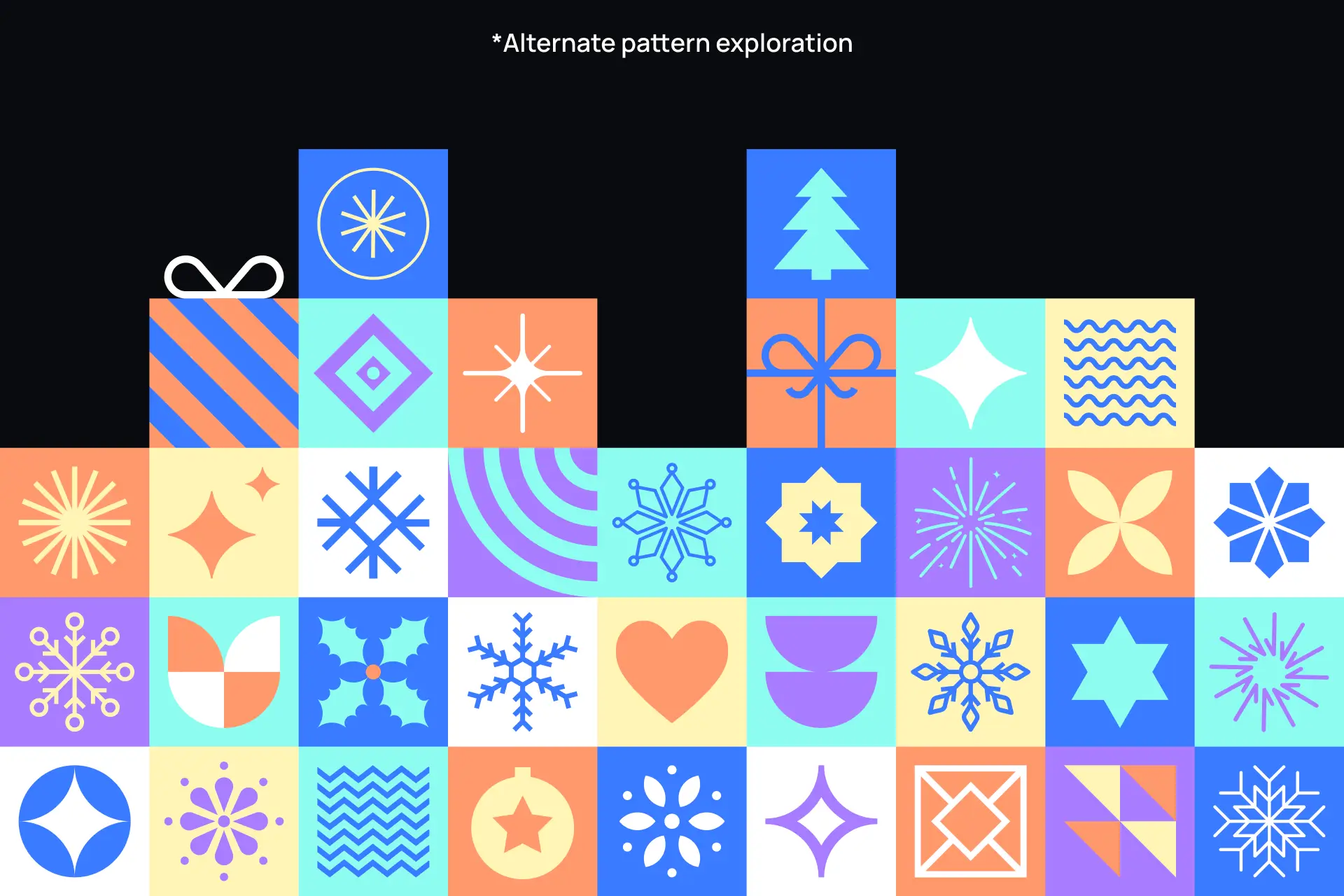 Colorful grid of abstract holiday patterns, including snowflakes, a tree, hearts, and geometric shapes. Bright blue, orange, and yellow tones convey festivity.