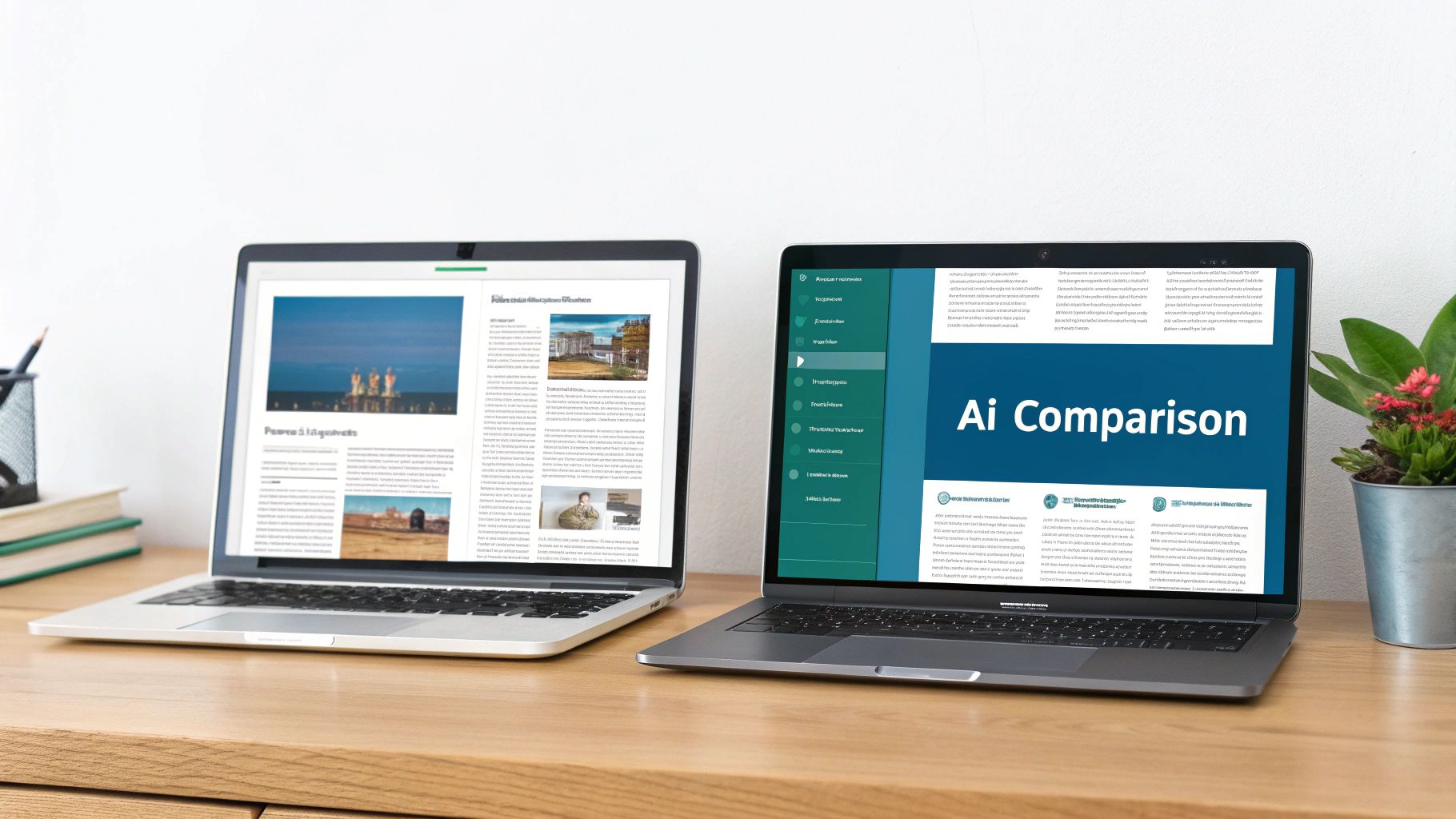 Two open laptops on a wooden desk, displaying web content and an 'Ai Comparison' page.