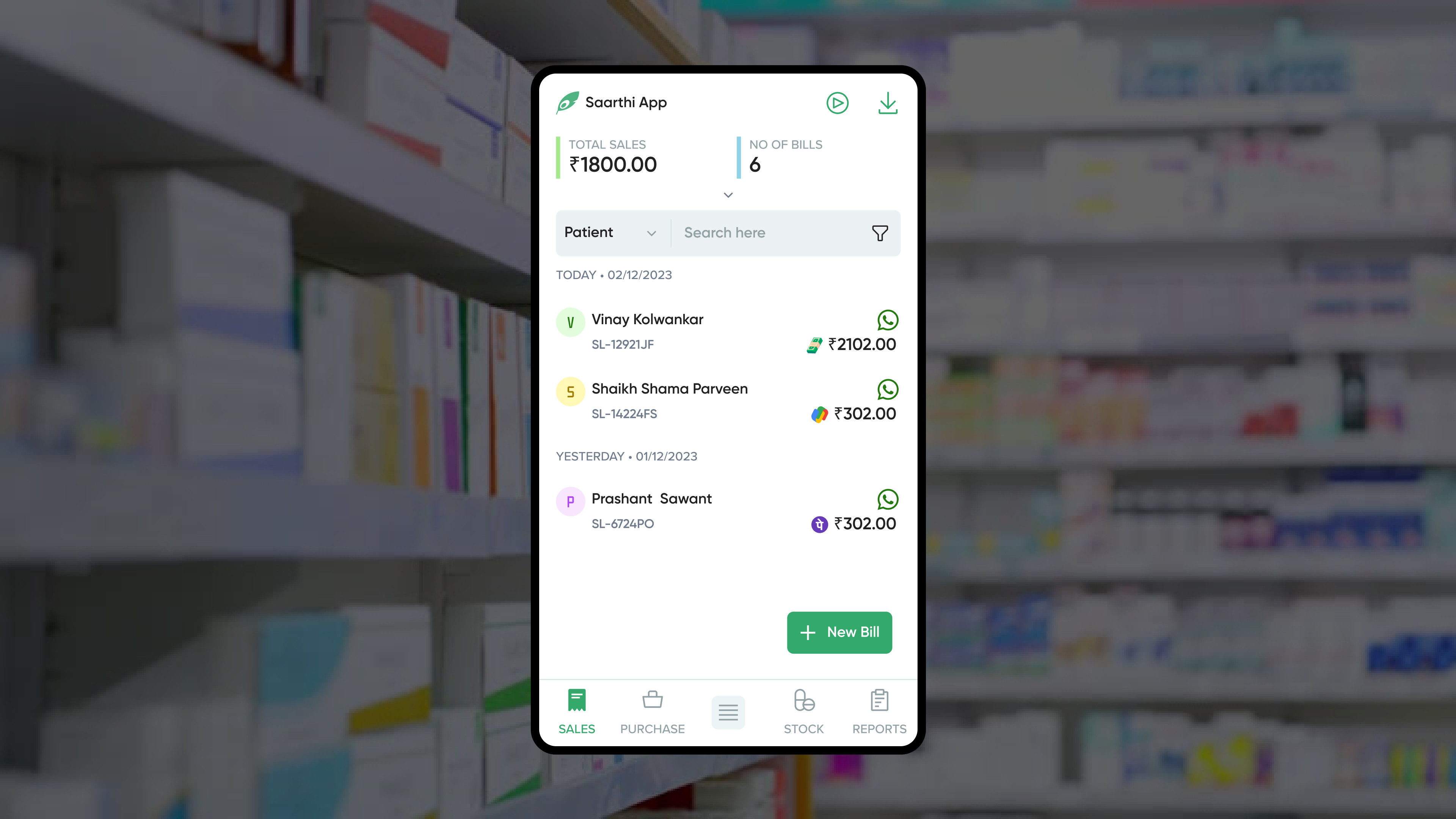 Saarthi App interface showing total sales, patient transactions, and billing management for pharmacies with WhatsApp integration.