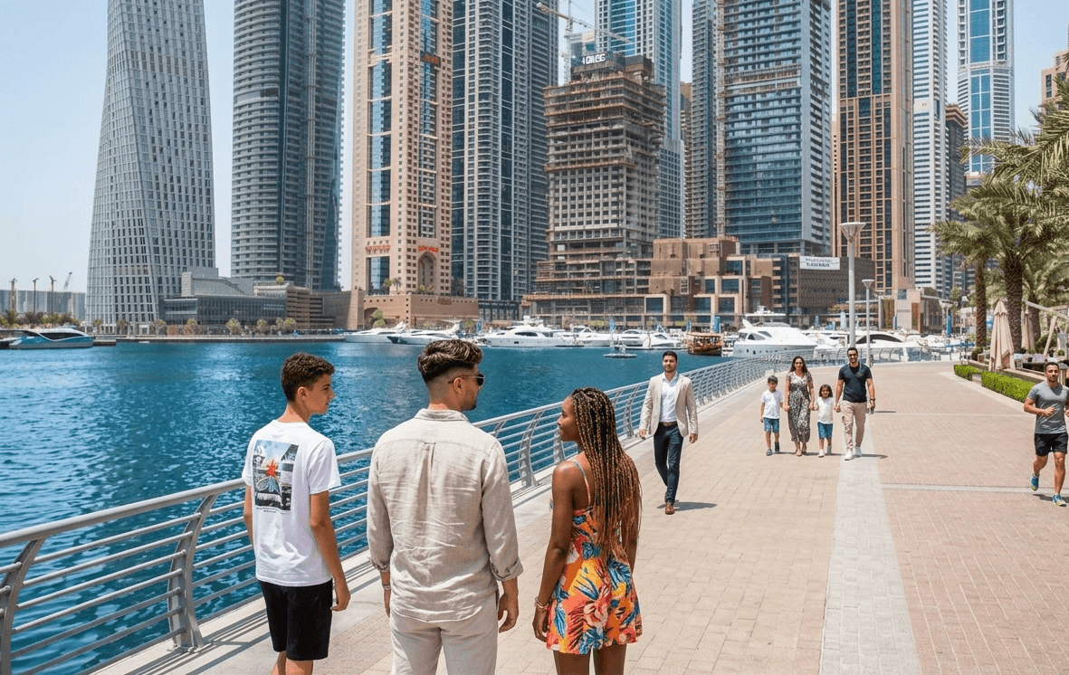 Dubai Marina waterfront promenade with pedestrians, yachts, and residential towers