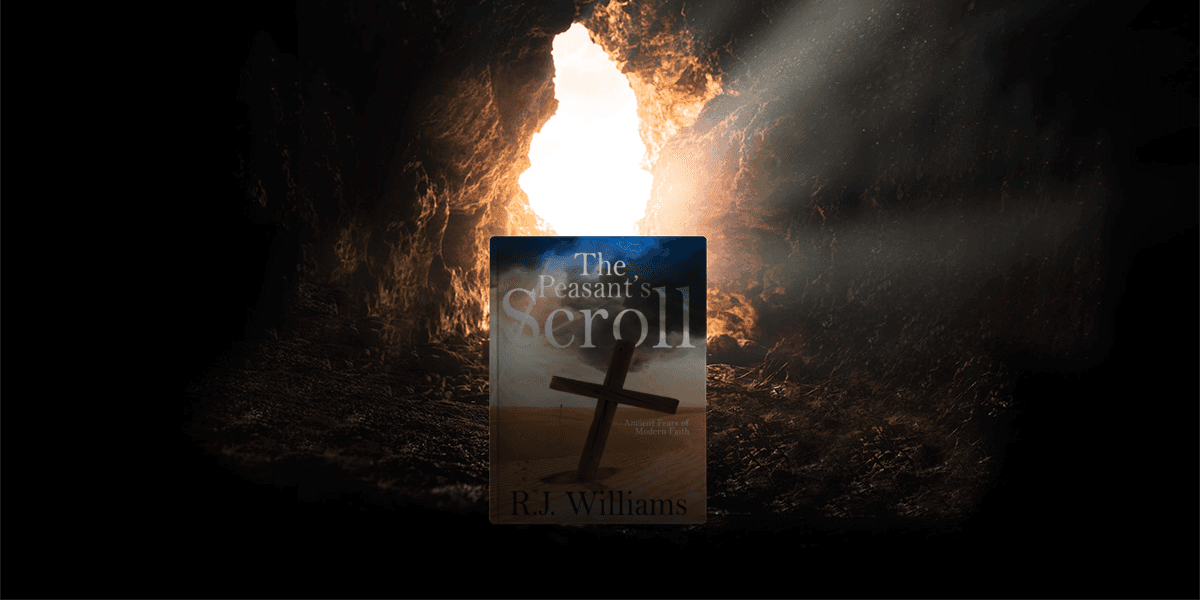 The Peasant's Scroll book cover, with a cross in a cave illuminated by light, symbolizing faith and reflection.