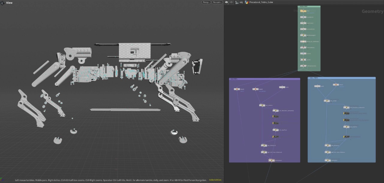 Screenshot of a Houdini project file showing a procedural build-up animation of a quadruped robot in exploded view on the left, with the node-based geometry network and VEX setup on the right for technical 3D motion design and product visualization.