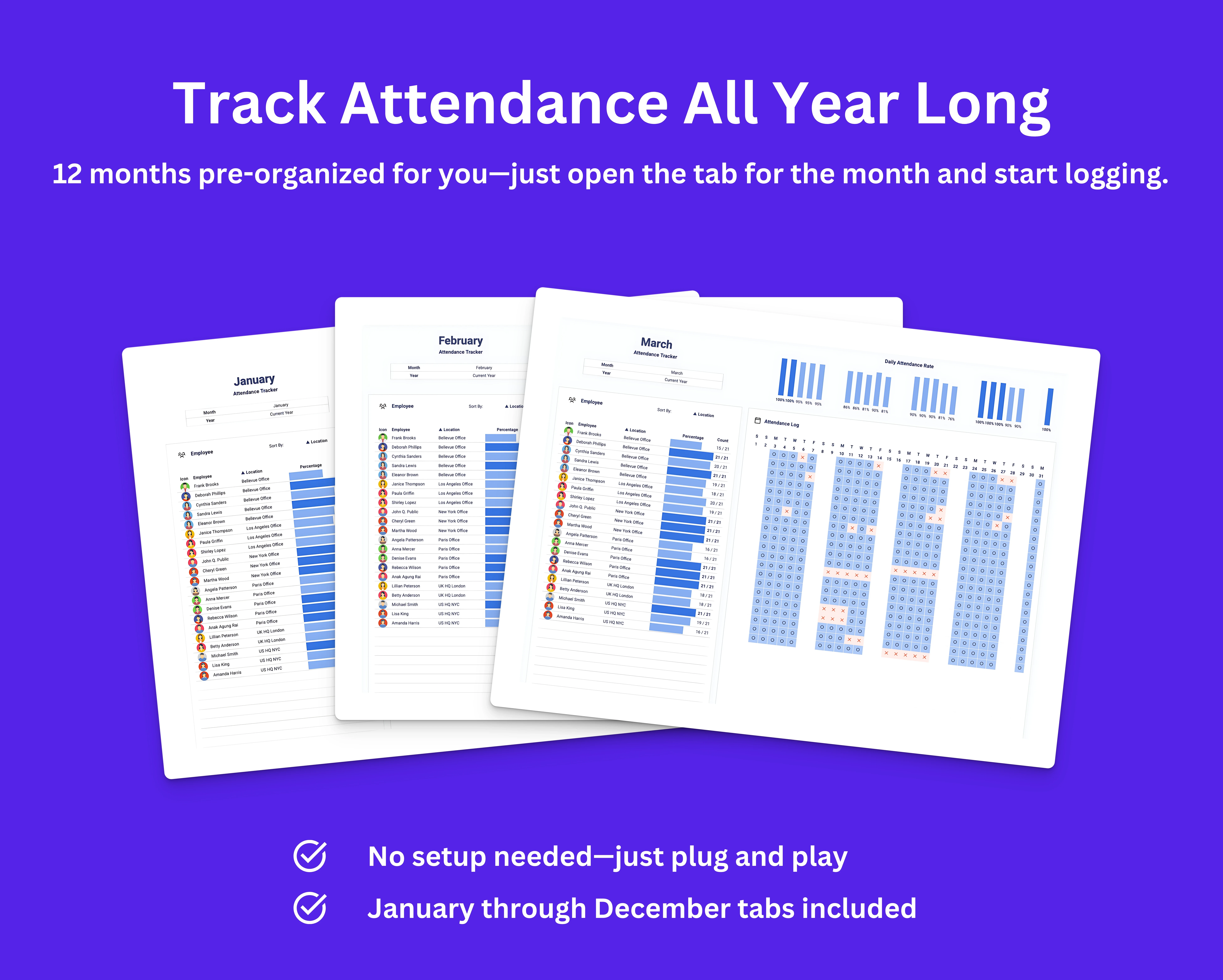 Marketing slide “Track Attendance All Year Long” showing stacked January–March monthly pages for the Attendance Tracker