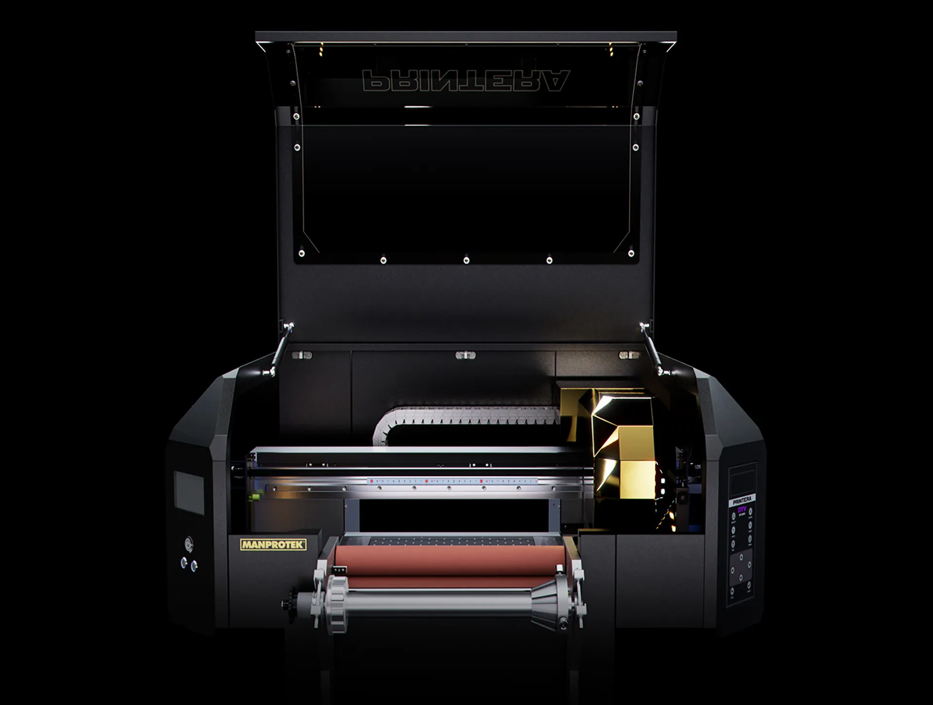Manprotek Gravity Pro DTF printer featuring 4 internal monitoring cameras for real-time inspection of ink nozzles and the automated cleaning process.