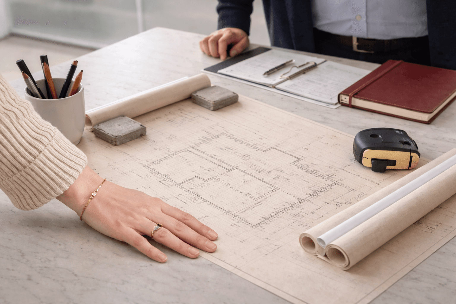 Architecte d'intérieur et client étudiant des plans d'aménagement, déploiement de concept multi-sites