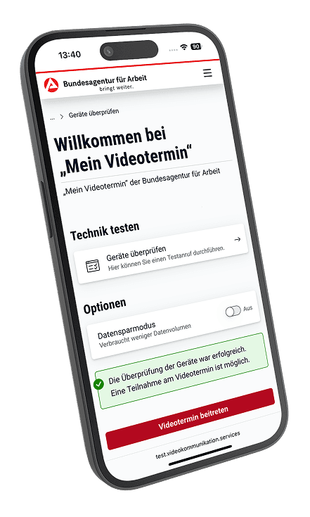 Mockup eines iPhones, auf dem die Web-Applikation "Mein Videotermin" zu sehen ist.