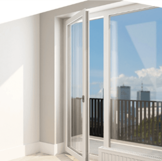 uPVC casement balcony door with secure hinged design by Skillstech Coimbatore