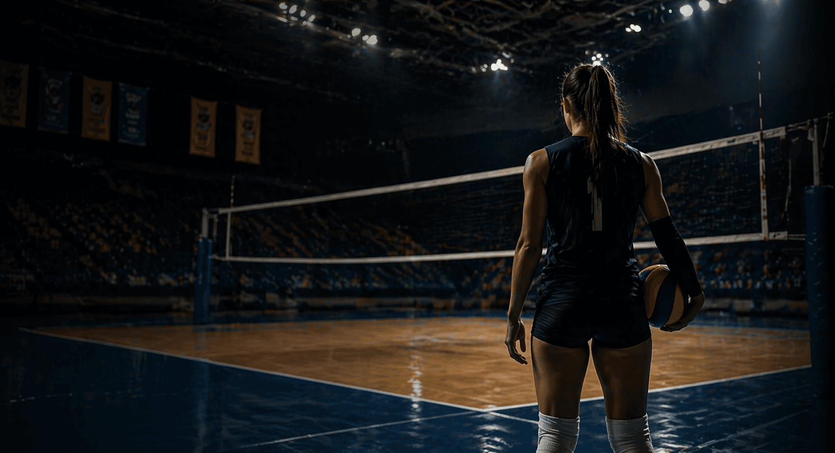 Drone shot of a running track at night