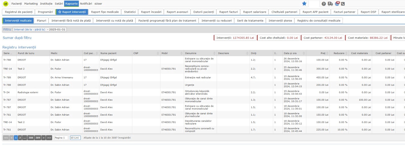 Captură de ecran din dROOT cu raport detaliat despre intervenții stomatologice, costuri și statistici financiare