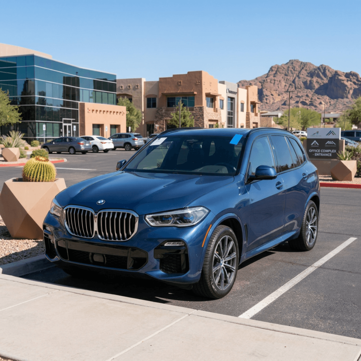 Blue BMW X5 with recently replaced auto glass parked at a residential property in Bisbee, AZ