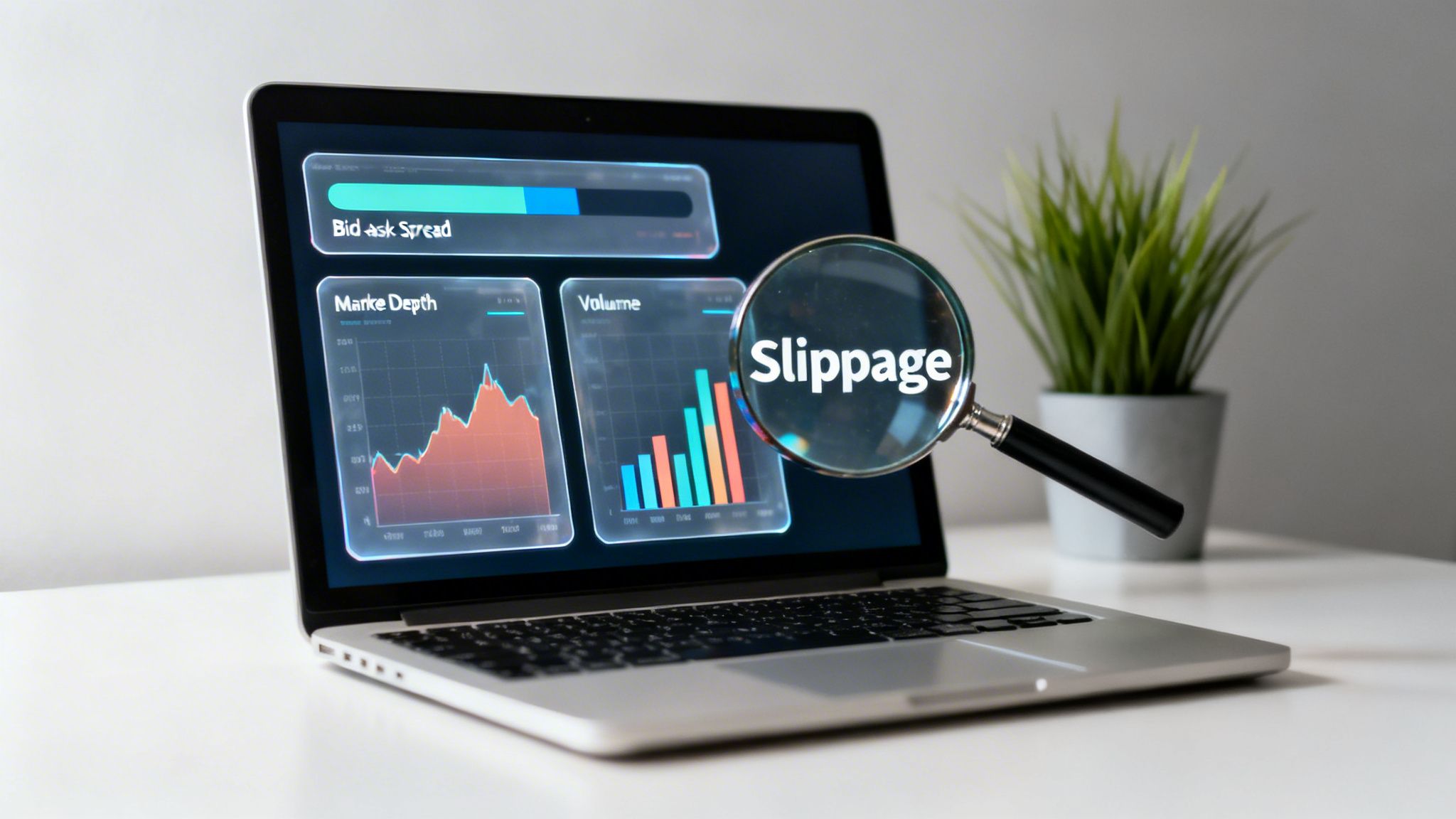 A laptop screen displays financial charts for bid-ask spread, market depth, and volume, with a magnifying glass highlighting 'Slippage'.