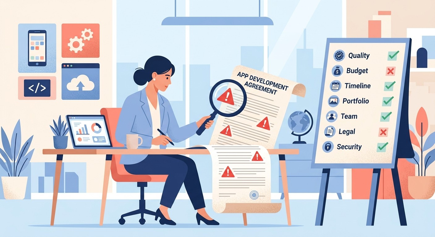 Illustration of evaluating a mobile app development company with a checklist and red warning flags.