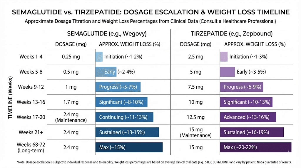 Tirzepatide vs semaglutide dosage comparison chart with weight loss data