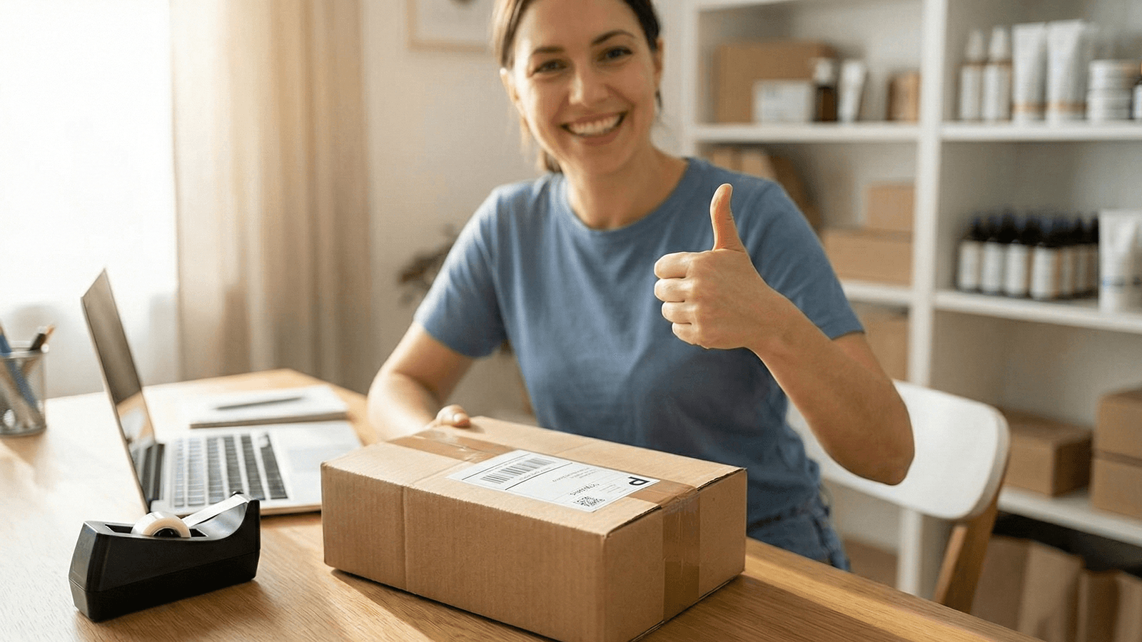 Smiling seller giving a thumbs up with a ready-to-ship eBay and Facebook Marketplace package in a home office