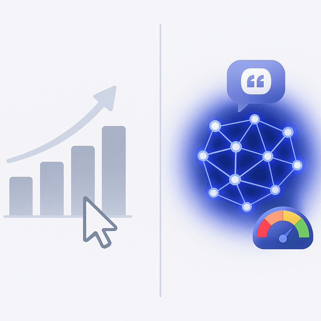 Traditional SEO graphs fading beside lively AI visibility network and sentiment icons