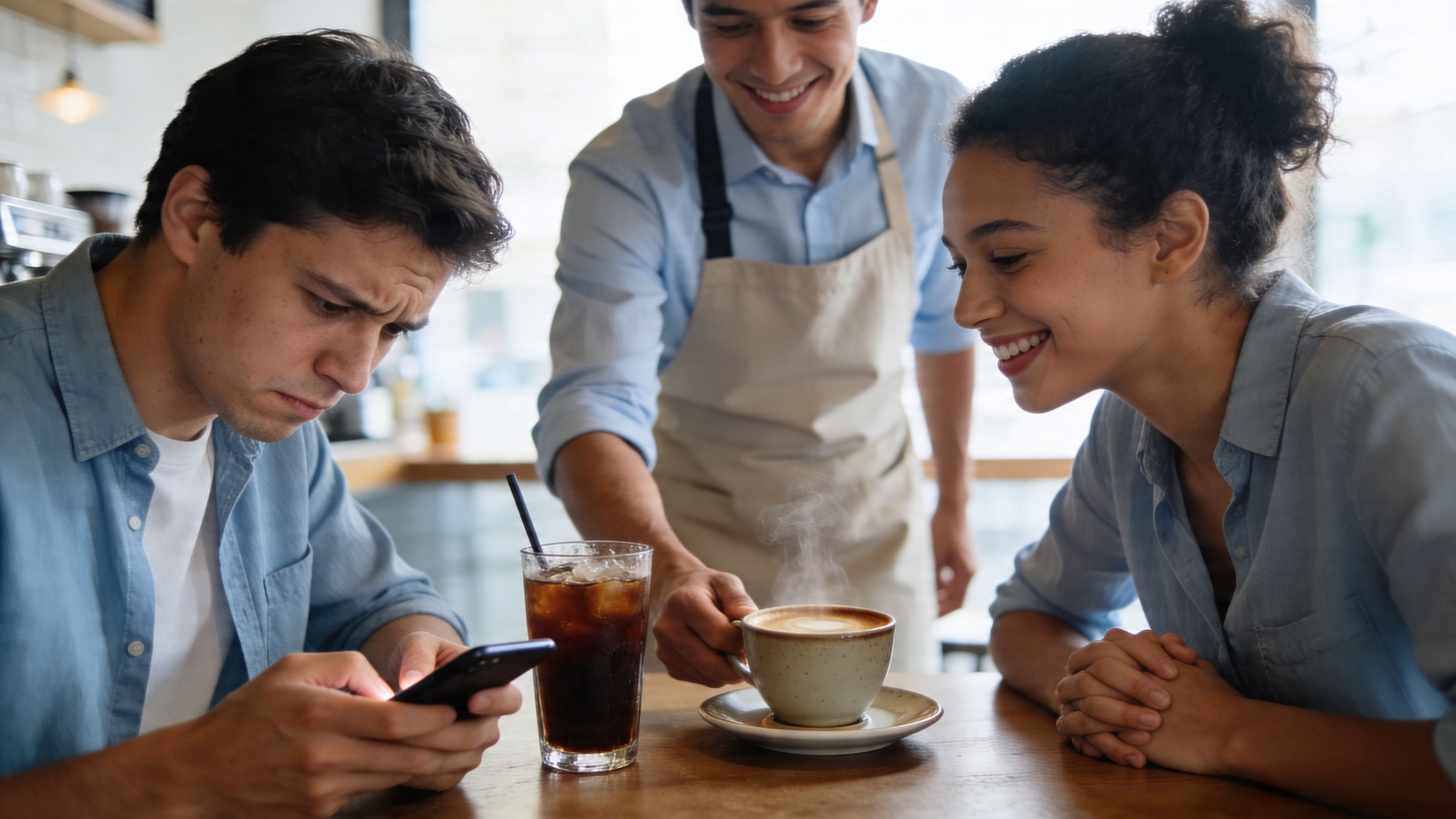 A waiter serves coffee to a smiling woman while a man ignores them to check his smartphone.