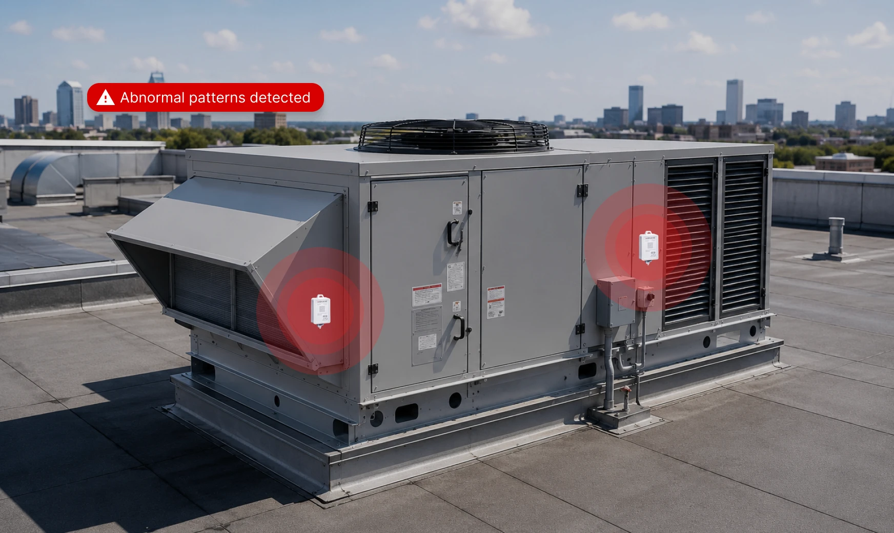 Rooftop HVAC unit with an abnormal-patterns-detected alert routed into Monaire's maintenance workflow