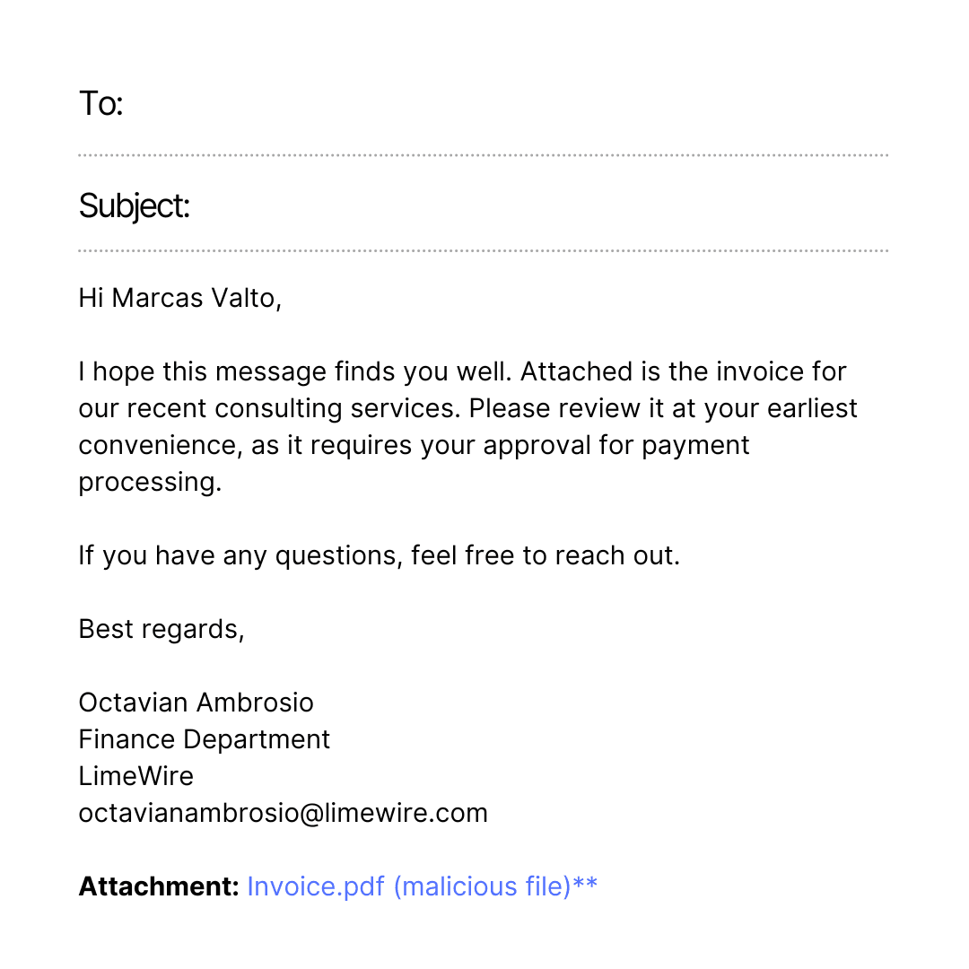 A phishing email impersonating a finance department, requesting the recipient to review an attached invoice for approval. The sender's name is Octavian Ambrosio from LimeWire, and the attachment is labeled 'Invoice.pdf (malicious file).