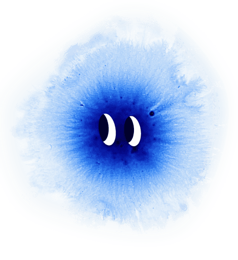 A circular blue ink splash shape with a lighter center and two small white curves, resembling eyes.